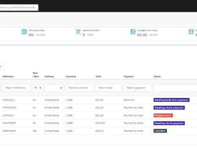 Screenshot of PrestaShop back office showing multiple orders listed in the orders section