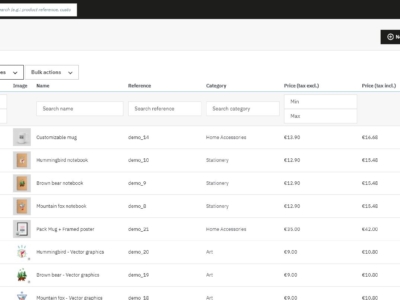 Screenshot of PrestaShop back office displaying product listings, stock levels, and sale prices in the products section