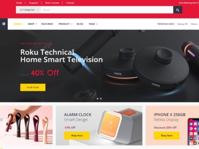 Screenshot of a PrestaShop technology storefront showcasing featured products on the homepage