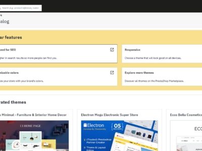 Screenshot of PrestaShop back office displaying theme options and popular feature selections