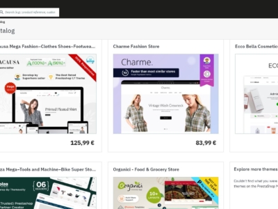 Screenshot of PrestaShop back office displaying theme selection options