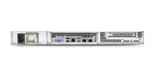 Rear View of the XeonSolo Pro: Connectivity and Power Supply Rear view of the XeonSolo Pro server, showing the single power supply connection, USB ports, network interfaces, and VGA connector. This illustrates the server's diverse connectivity options and easy maintenance access.