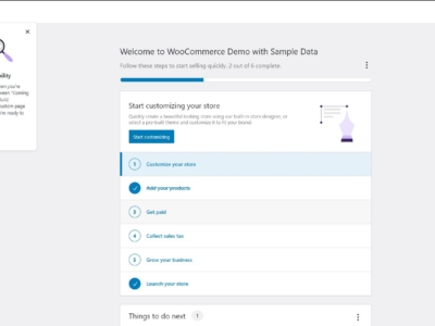 Screenshot of WooCommerce back office displaying the 'Start Customizing Your Store' option