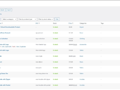 Screenshot of WooCommerce back office displaying all products with prices, stock availability, and other product details