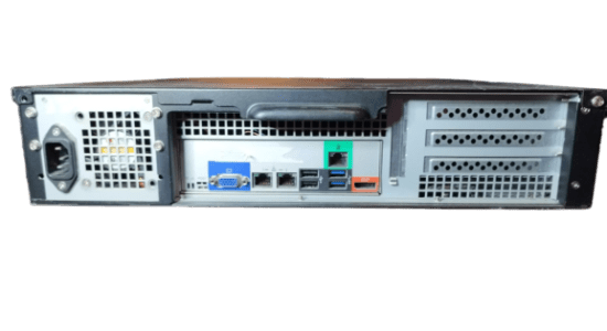 Rear view of the WinPower Workstation, displaying a VGA connector, dual Gigabit network ports, a dedicated KVM port, and multiple USB 3.0 ports, ensuring versatile and complete connectivity.