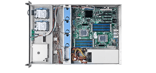 Inside the Xeon Maxpower: Drives, Motherboard, and Power Supply Top-down view of the Xeon Maxpower, showcasing the internal 2.5-inch system drives, dual Xeon motherboard with memory slots, and redundant power connectors.