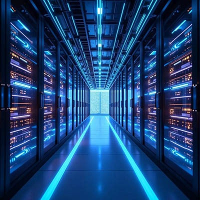 A futuristic server room with glowing fiber optic cables and digital data flows, symbolizing innovation and cutting-edge technology in web hosting.