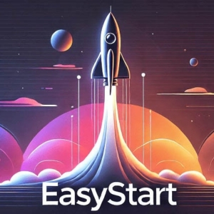 Illustration of a smaller rocket launch in a futuristic setting