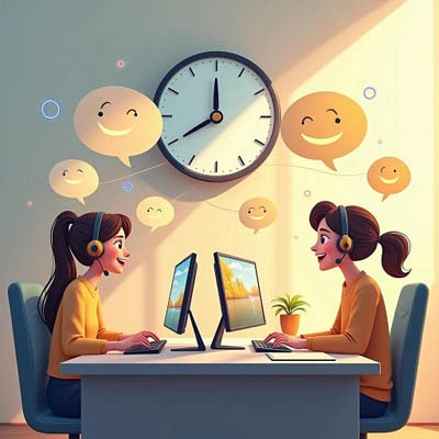 Two young women, smiling and wearing headsets, sitting face to face with computers, discussing cheerfully, symbolizing 24/7 personalized customer support.