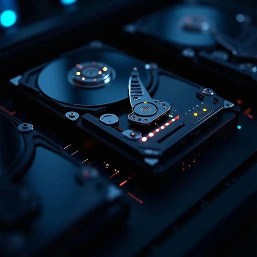 Detailed view of SSD and HDD drives inside modern server racks, highlighting enterprise-grade storage solutions.