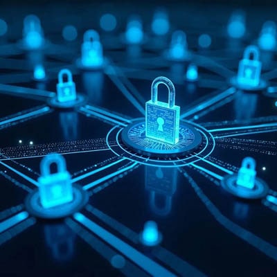 A modern padlock at the center, interconnected with smaller padlocks through glowing fiber optic lines, symbolizing advanced security and data protection.