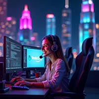 24/7 Expert Support for PrestaShop Hosting Image of a smiling young woman wearing a headset, typing on a keyboard in front of two computer screens. One of the screens displays the PrestaShop logo, symbolizing 24/7 expert support for PrestaShop hosting.