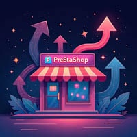 Scalable Solutions for Your Online Store Store with upward arrows illustrating the scalability of hosting solutions for PrestaShop