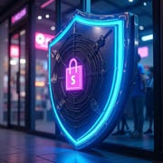 Top-Notch Security for Your PrestaShop Store An illustration of a red neon shield with an 'S' in the center, symbolizing top-notch security, placed in front of a real storefront. The image represents the advanced protection provided by our hosting solutions for PrestaShop stores.